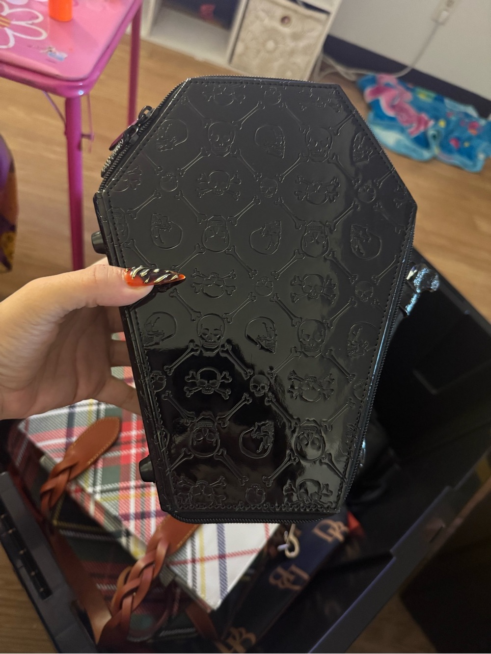 Kreepsville Coffin-Shaped Patent Black Zip Clutch
